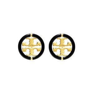 Tory Burch Gold Black Enamel Miller Circle Logo Earrings
